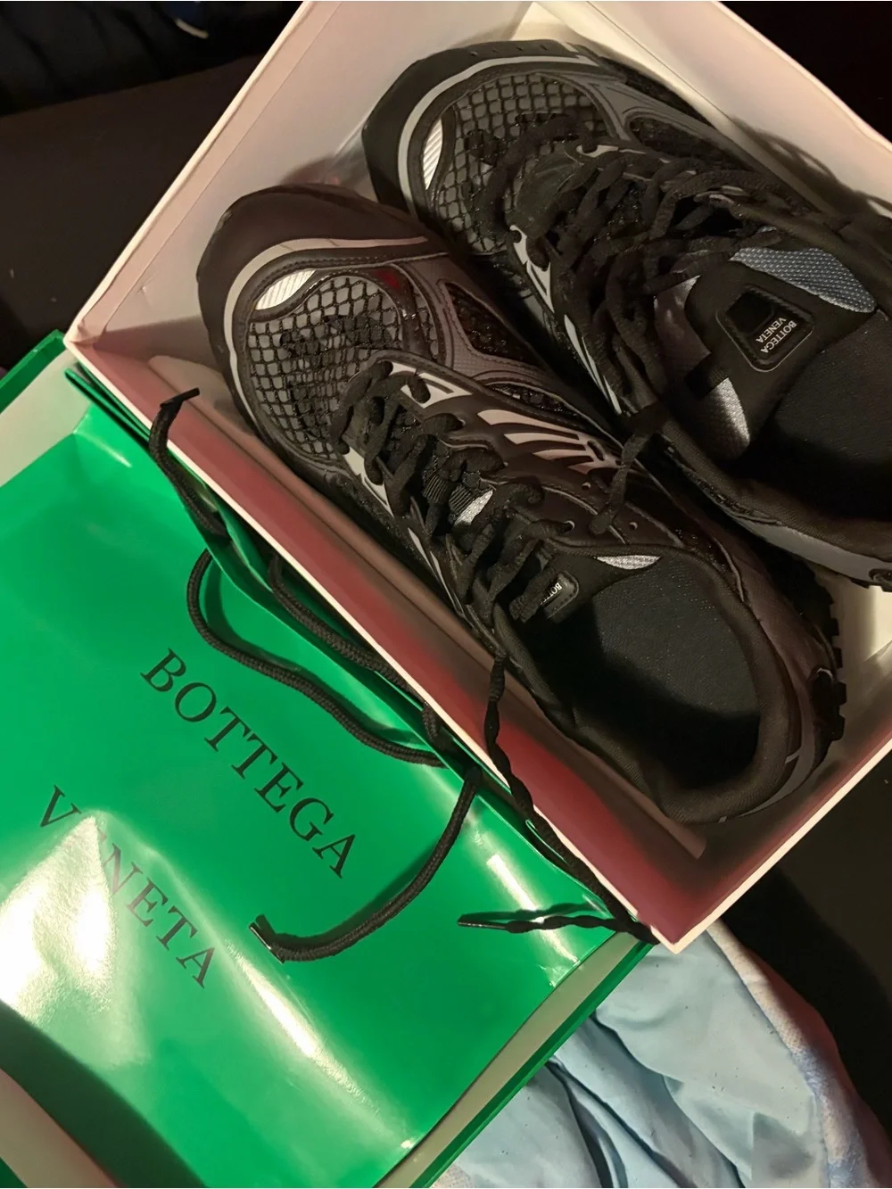 Bottega Veneta Neon Green Shopping Bag with Gray and Black Sneakers